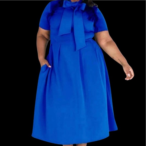SOLD OUT: Solid Royal Blue Midi Flare Style Dress with Necktie, - Picture 8 of 13